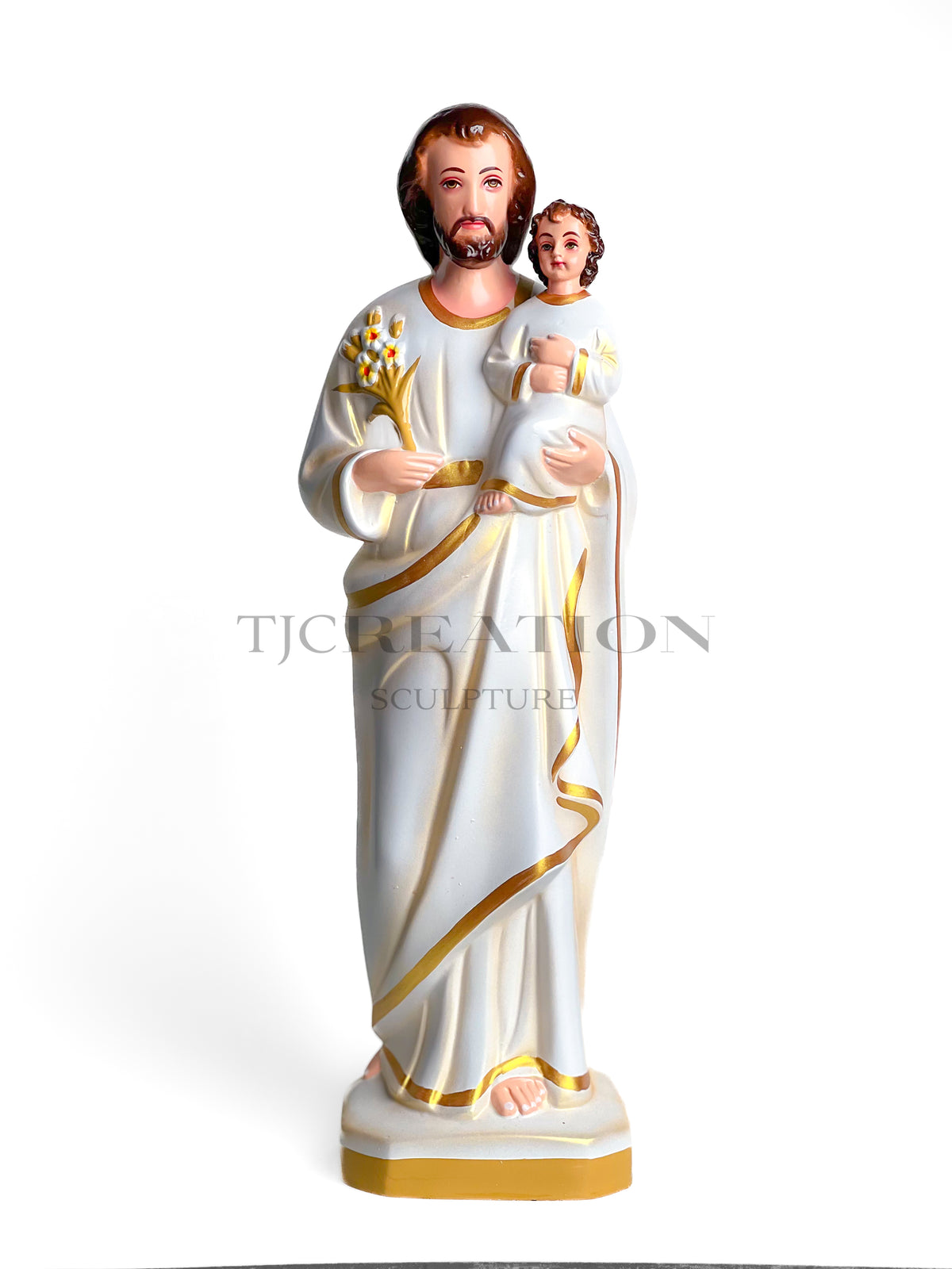 St. Joseph with Child Jesus Statue White & Gold 18 inch – Handcrafted Figurine by TJ Creation Sculpture