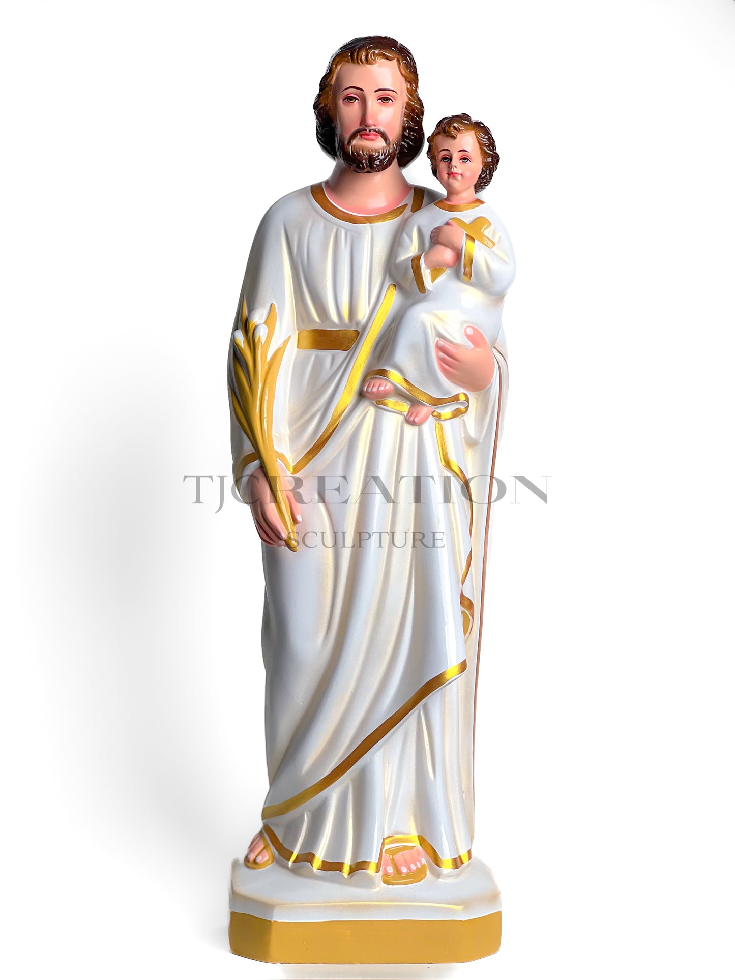 Saint Joseph with Infant Jesus Religious Statue – Hand-Painted Catholic Figurine 24inches White with Gold Accents