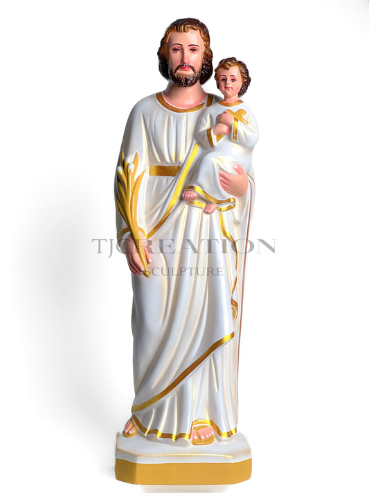 Saint Joseph with Infant Jesus Religious Statue – Hand-Painted Catholic Figurine 24inches White with Gold Accents