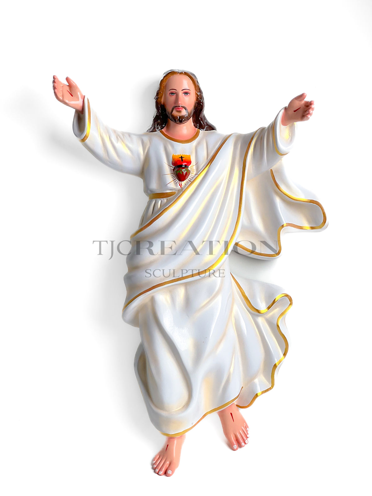 Sacred Heart Jesus Wall Hanging Relief Sculpture 27 inch White & Gold Handcrafted TJ Creation Sculpture
