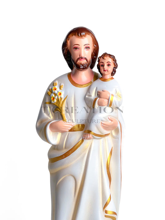 St. Joseph with Child Jesus Statue White & Gold 18 inch – Handcrafted Figurine by TJ Creation Sculpture