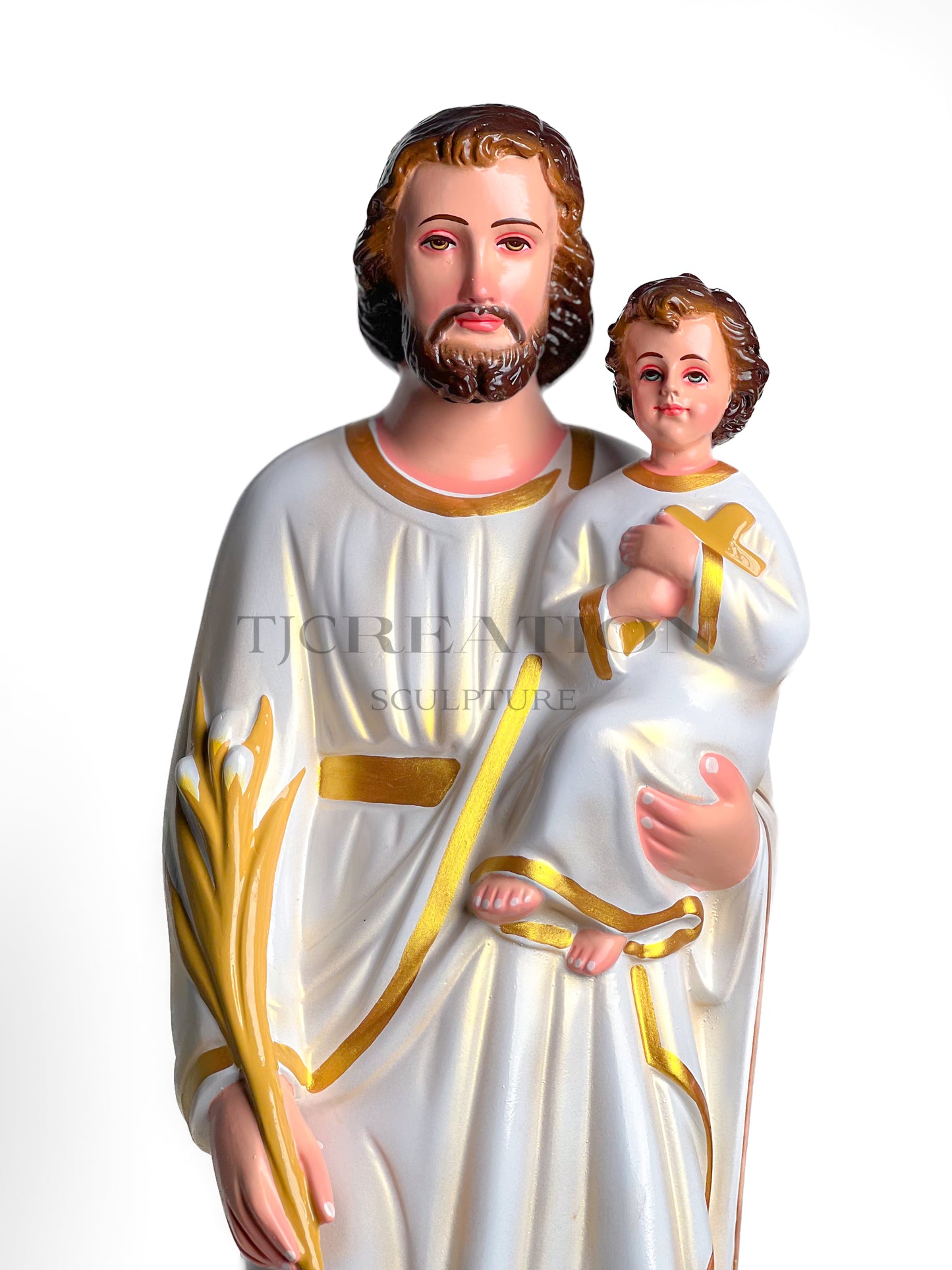 Saint Joseph with Infant Jesus Religious Statue – Hand-Painted Catholic Figurine 24inches White with Gold Accents