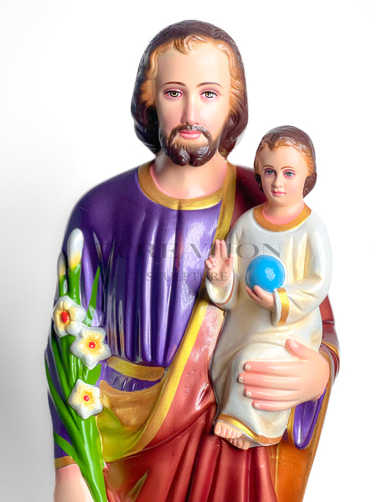 St. Joseph with Child Jesus Holding Blue Orb Statue Metallic Stardust 30 inch – Handcrafted Figurine by TJ Creation Sculpture