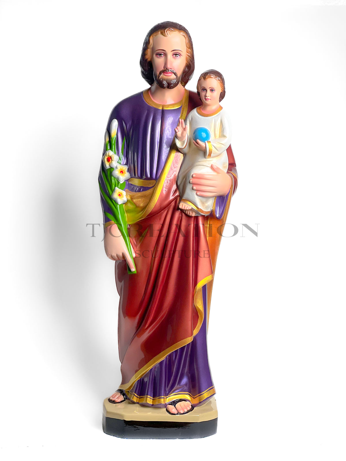 St. Joseph with Child Jesus Holding Blue Orb Statue Metallic Stardust 30 inch – Handcrafted Figurine by TJ Creation Sculpture