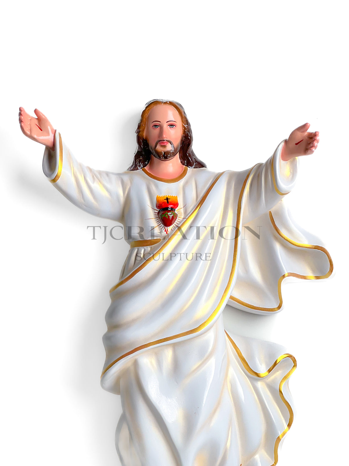 Sacred Heart Jesus Wall Hanging Relief Sculpture 27 inch White & Gold Handcrafted TJ Creation Sculpture