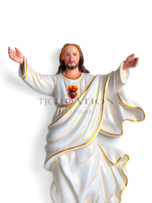 Sacred Heart Jesus Wall Hanging Relief Sculpture 27 inch White & Gold Handcrafted TJ Creation Sculpture