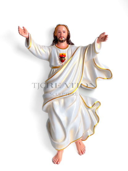 Sacred Heart Jesus Wall Hanging Relief Sculpture 27 inch White & Gold Handcrafted TJ Creation Sculpture