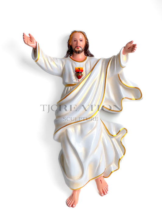 Sacred Heart Jesus Wall Hanging Relief Sculpture 27 inch White & Gold Handcrafted TJ Creation Sculpture