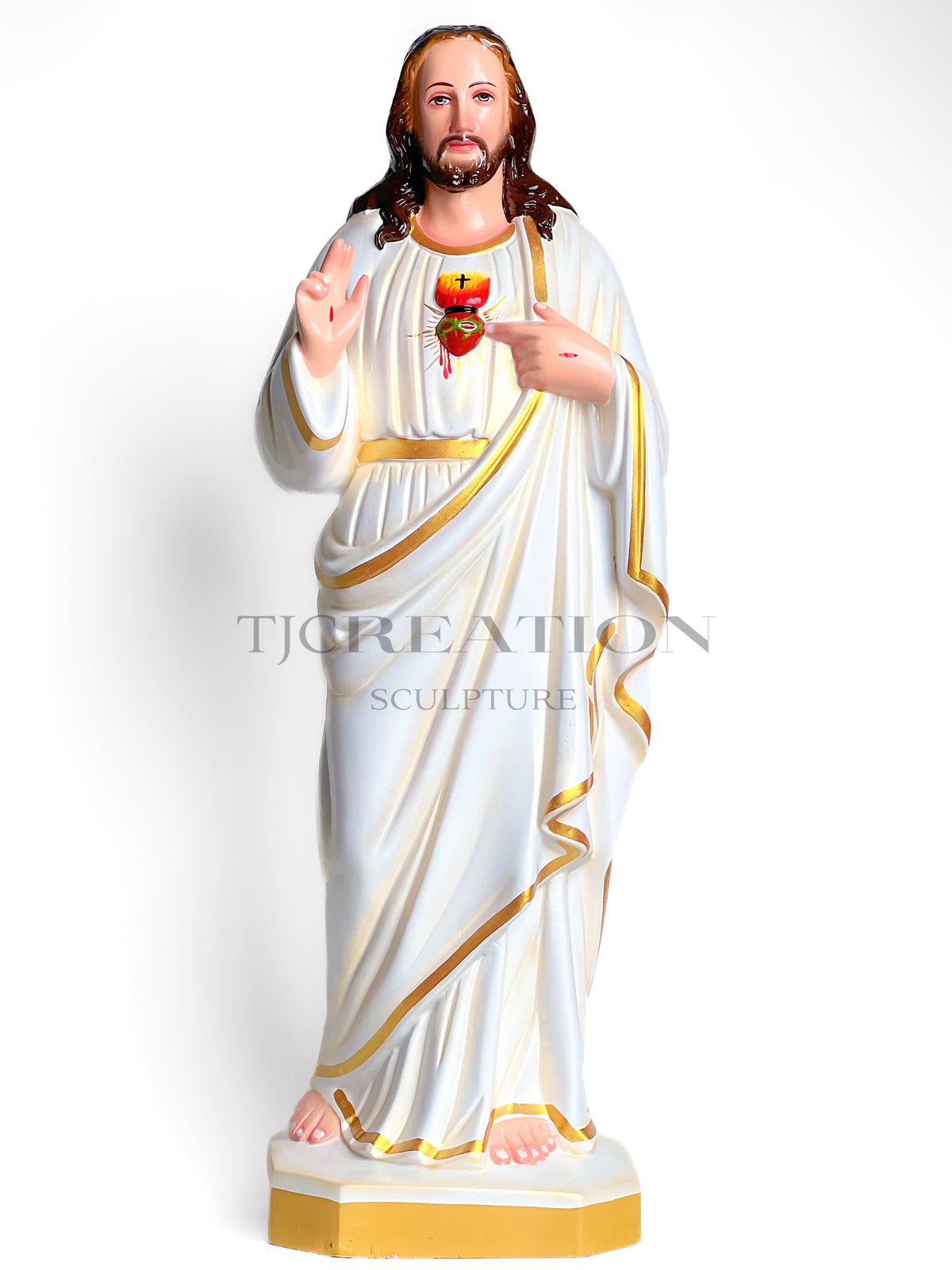 Sacred Heart Jesus Statue White & Gold 24 inch – Handcrafted Figurine by TJ Creation Sculpture