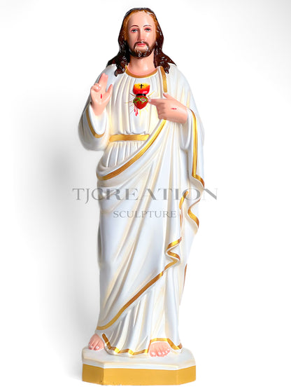 Sacred Heart Jesus Statue White & Gold 24 inch – Handcrafted Figurine by TJ Creation Sculpture