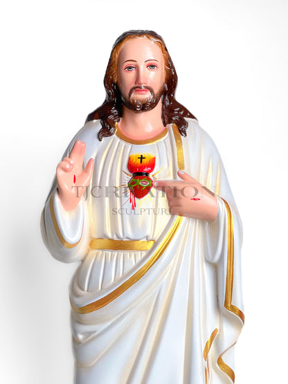 Sacred Heart Jesus Statue White & Gold 24 inch – Handcrafted Figurine by TJ Creation Sculpture
