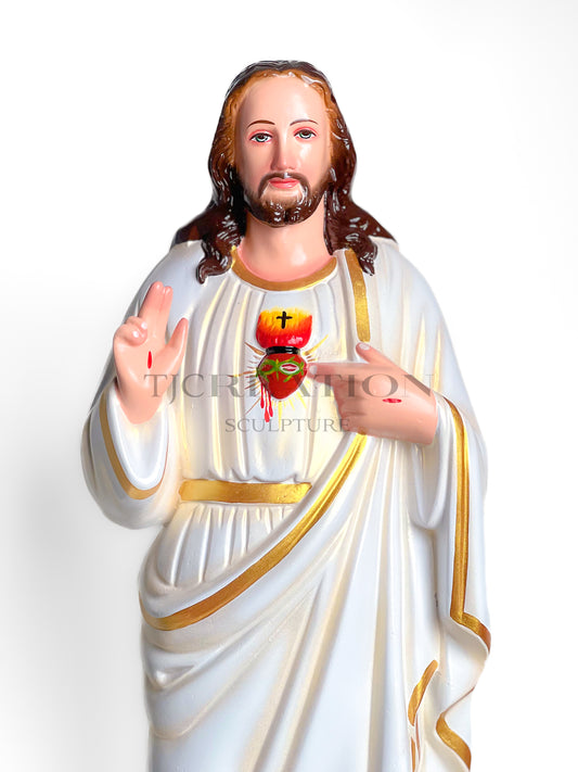 Sacred Heart Jesus Statue White & Gold 24 inch – Handcrafted Figurine by TJ Creation Sculpture