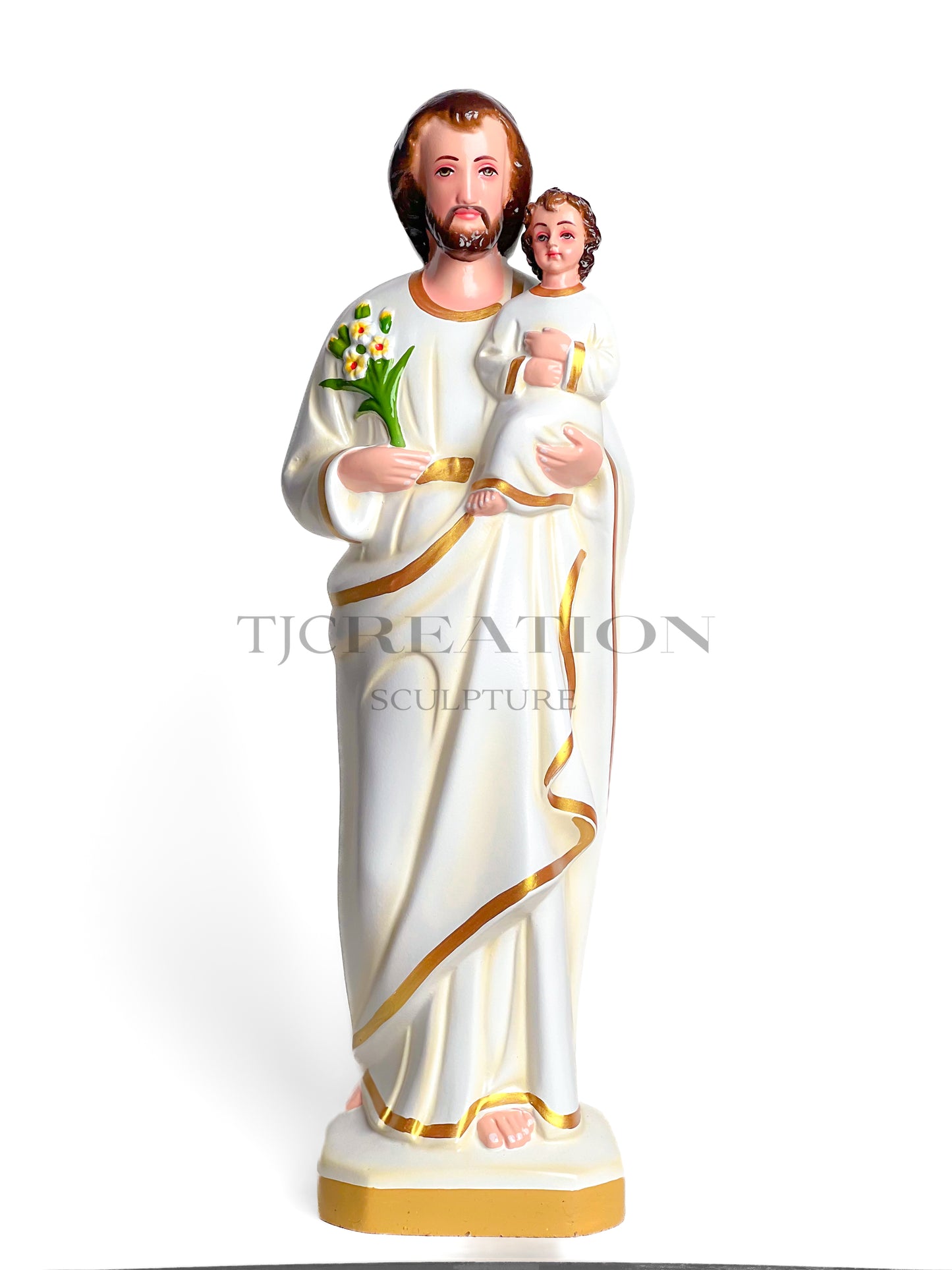 Hand painted Saint Joseph with Infant Jesus Statue –18 inches Handcrafted White & Cream Statue